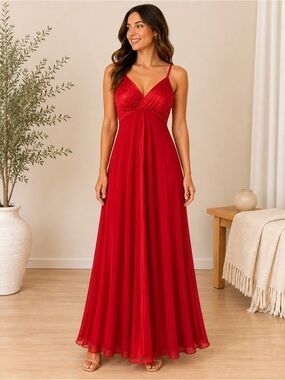 ASpeed Red Satin Beaded Maxi Gown XS Formal Prom Evening Dress